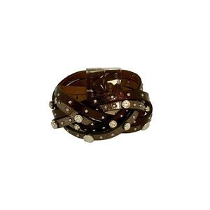 Brighton Brown Braided Leather Cuff Bracelet with Silver Studs & Crystals - EUC